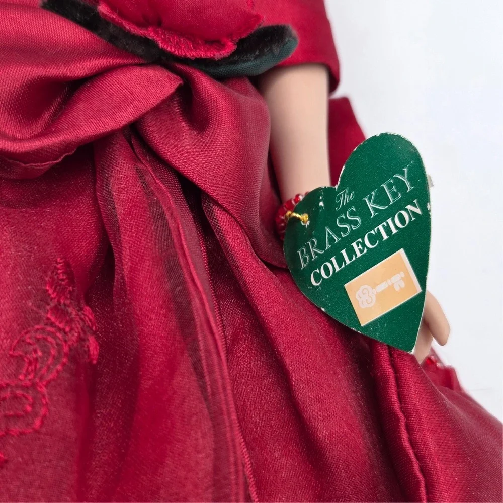 Vintage Camellia Garden Brass Key Swarovski Crystal Porcelain‎ Doll Red Gown